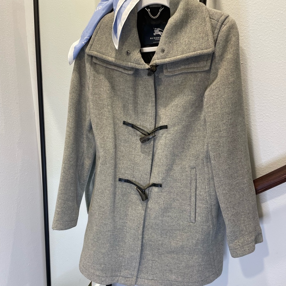 Women’s Burberry Toggle Duffle Wool Coat Gray Herringbone, UK Size 8, US 6